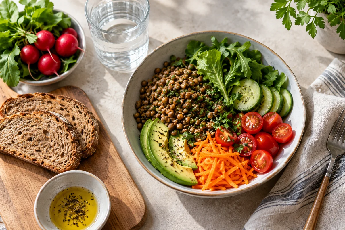 Sebze, mercimek, tam tahıllı ekmek ve su içeren günlük bir öğün